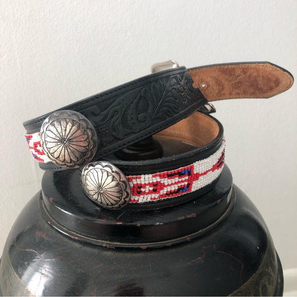 Vintage Tooled Embossed Beaded Leather Belt - Picture 3 of 10